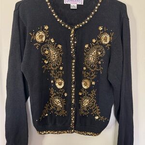 Elegant Black and Gold Women's Cardigan Embroidered Beaded